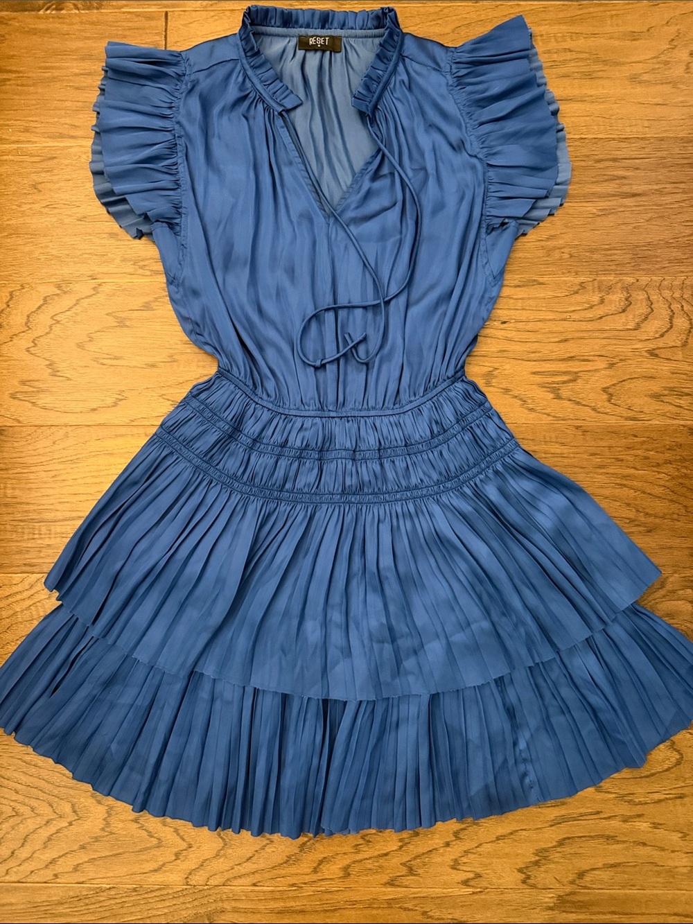 RESET by Jane Venus Satin Pleated Ruffle Mini Dress Periwinkle Blue M